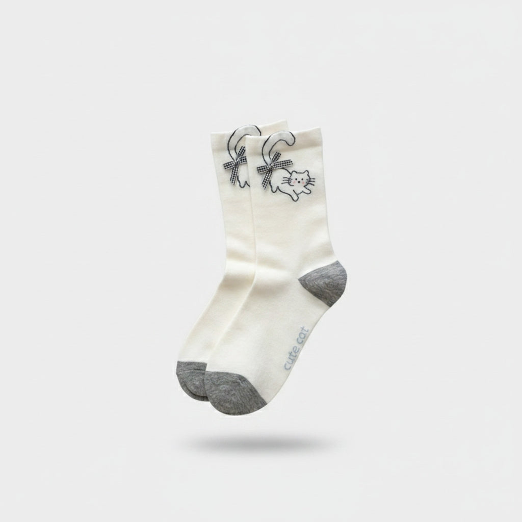 Cream Bow Cat Crew Socks