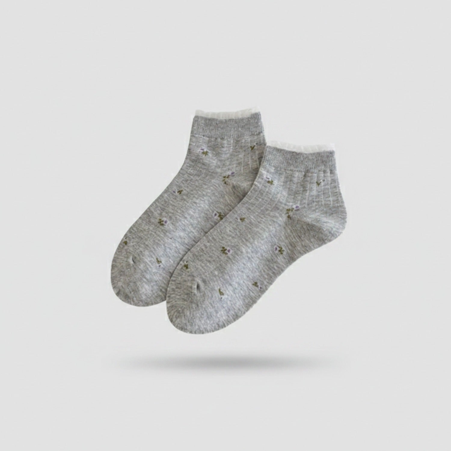 Cream Ribbed Ankle Socks With Floral Embroidery