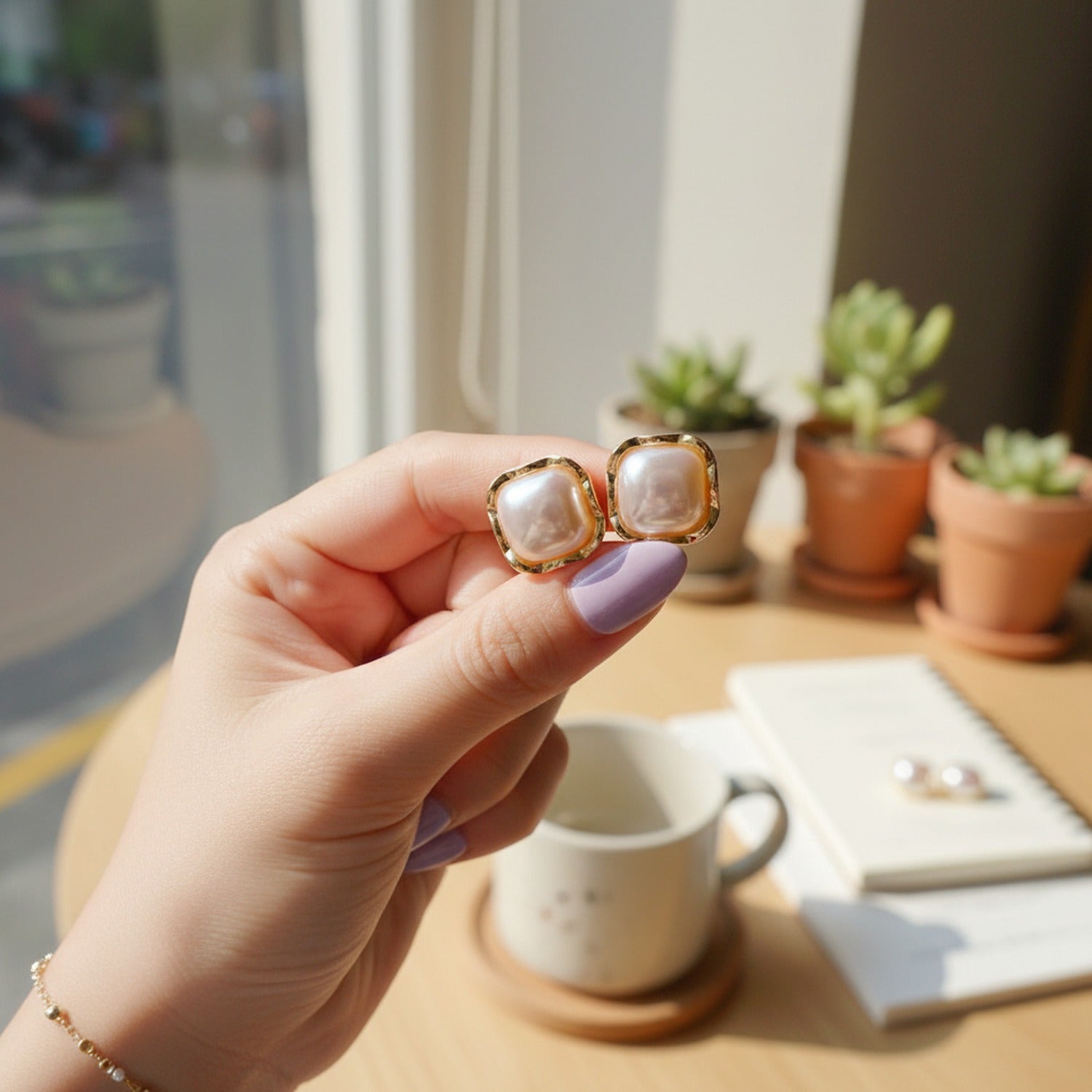 Pearl Dome Squared Gold Stud Earrings