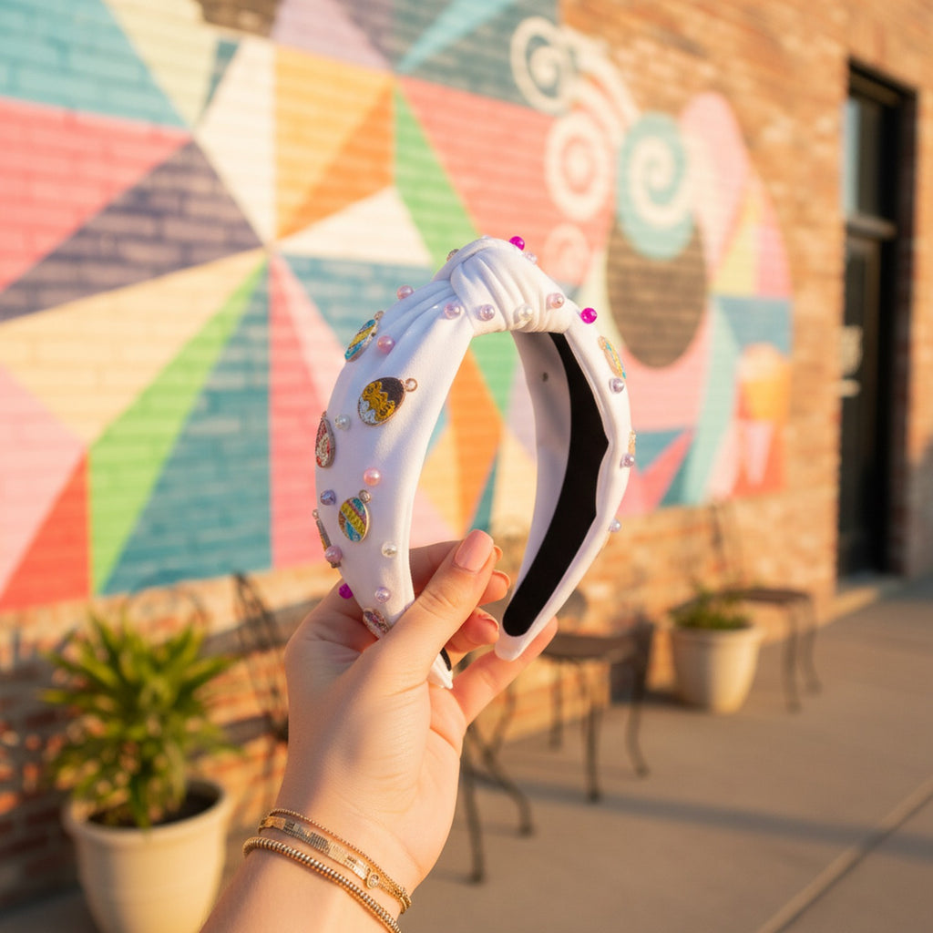 White Padded Headband With Colorful Charm Embellishments