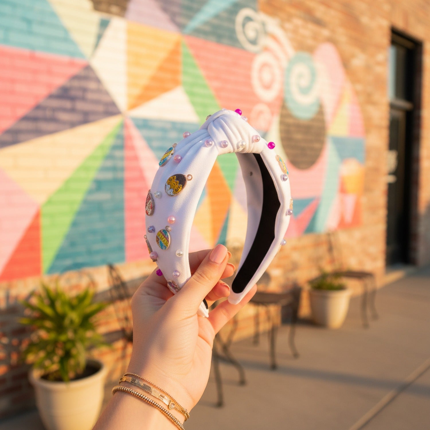 White Padded Headband With Colorful Charm Embellishments