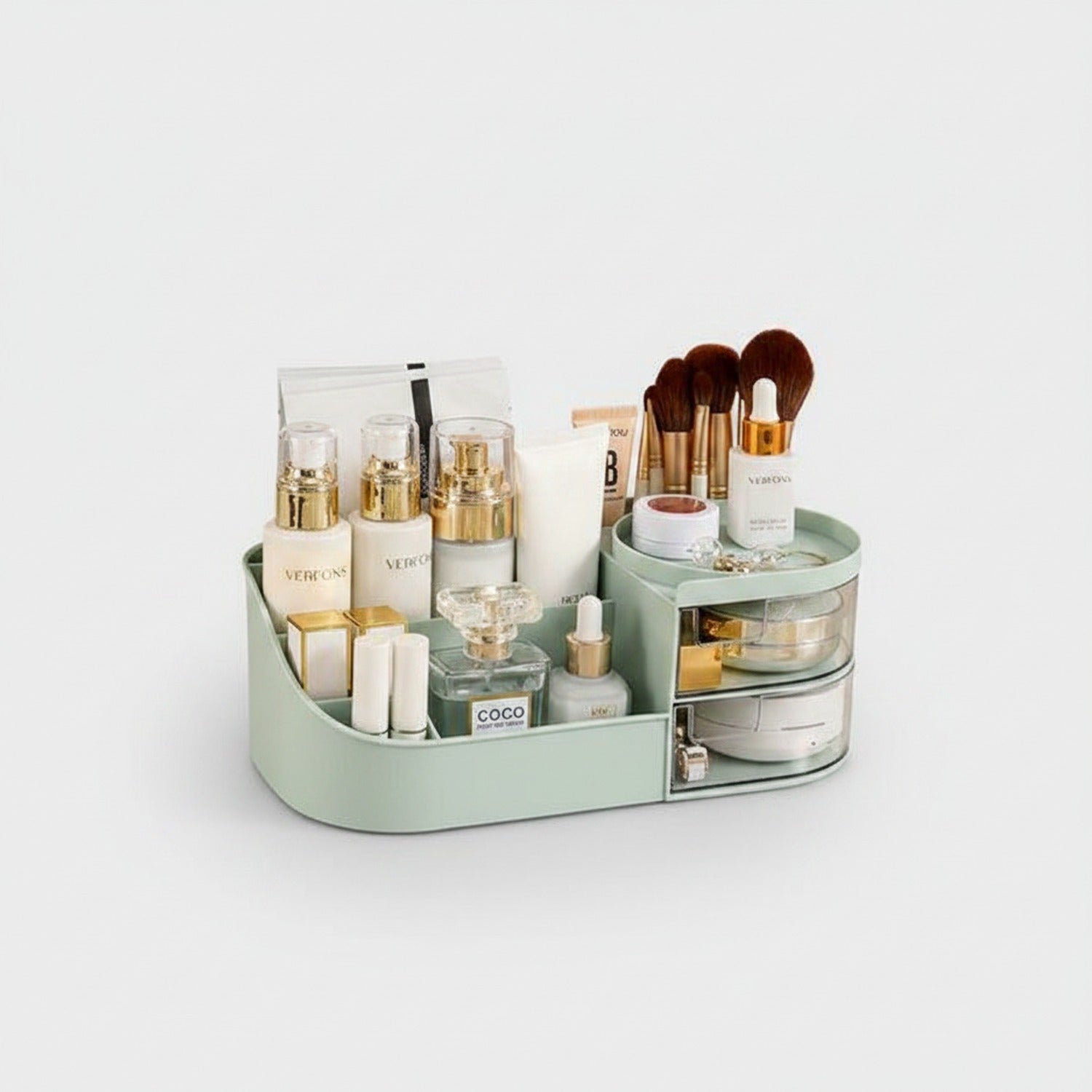 Cream Rotating Cosmetic Organizer With Mirror And Brush Holder