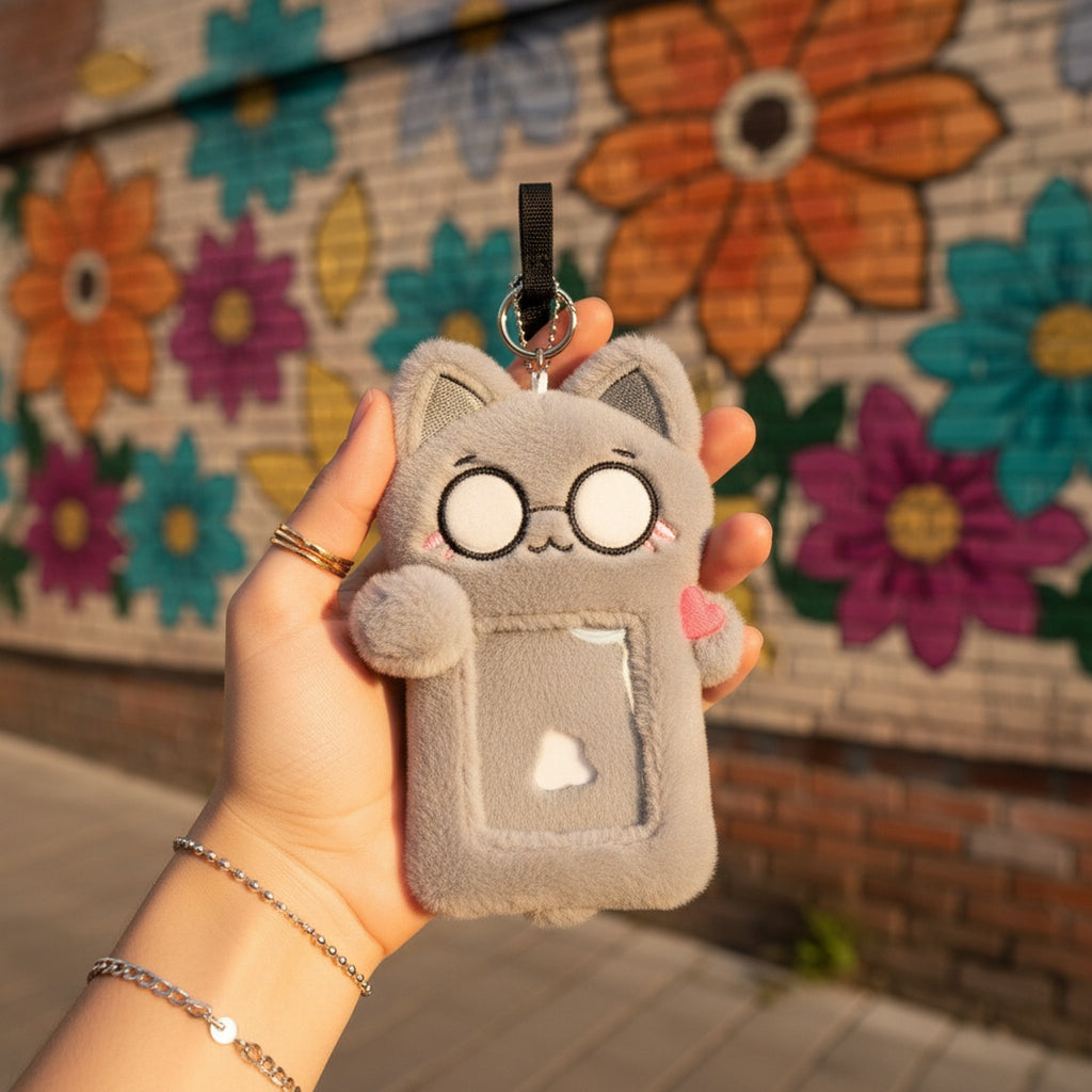 Gray Fluffy Cat Phone Charm With Pink Heart
