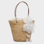 Straw Tote Bag With White Flower Bow