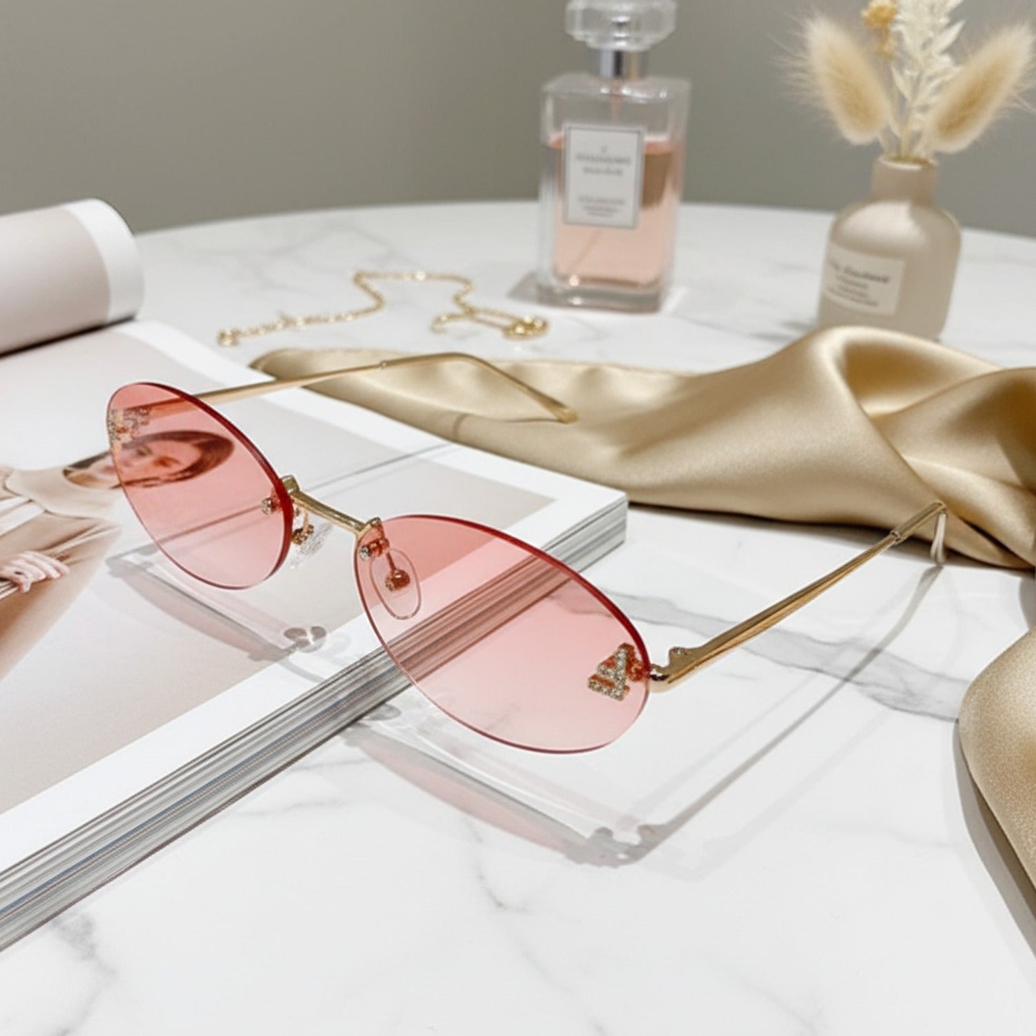 Gradient Oval Rimless Sunglasses With Gold Trim