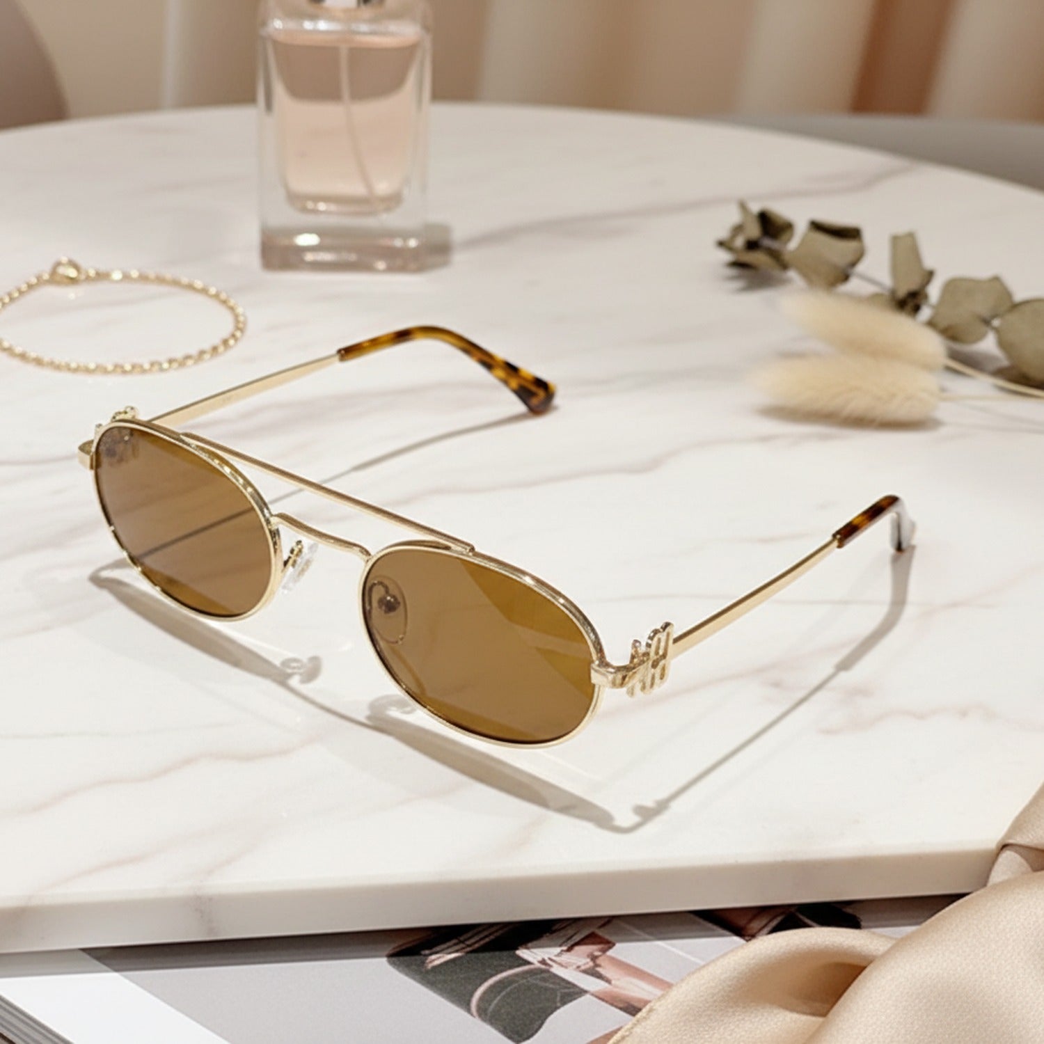 Gold Oval Sunglasses With Geometric Temple Details
