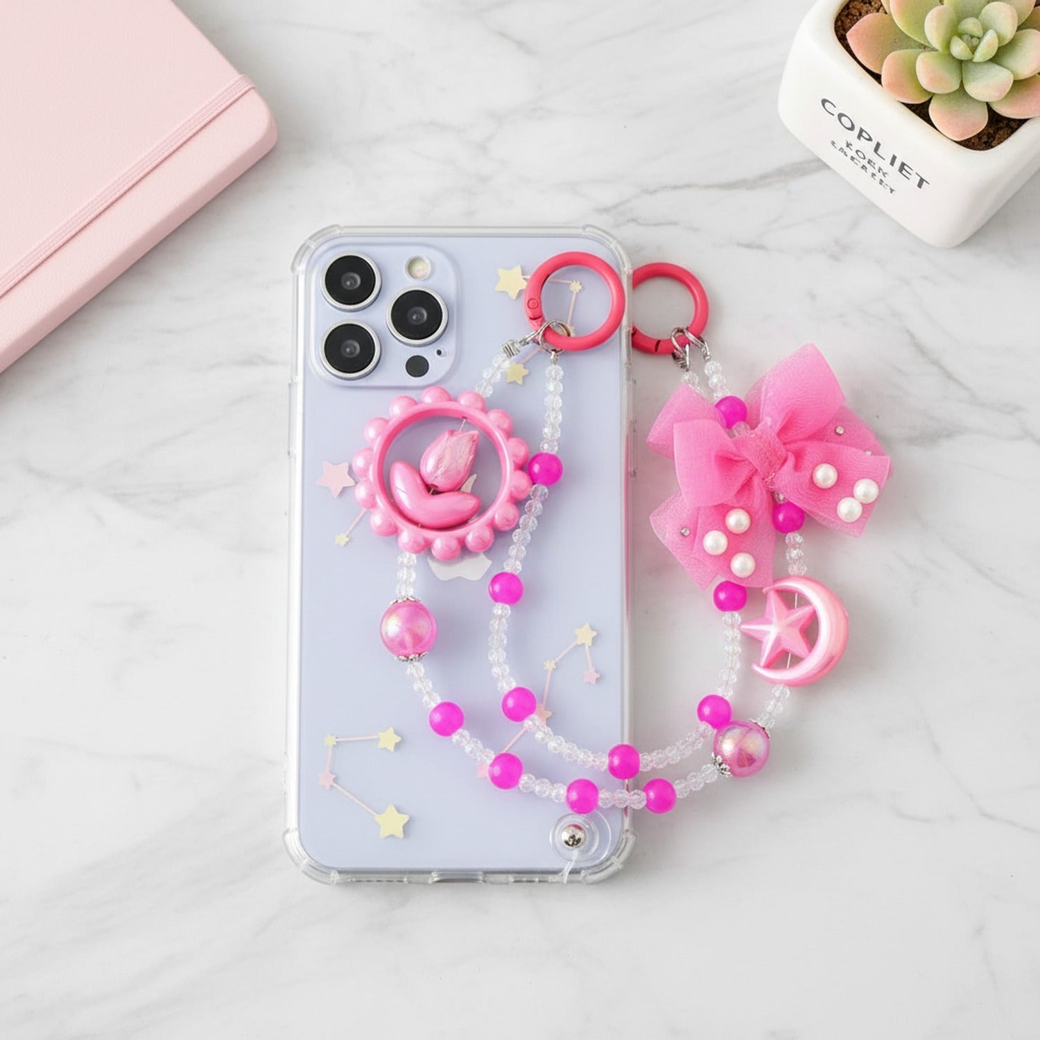 Pink Beaded Acrylic Keyring With Bow Charm