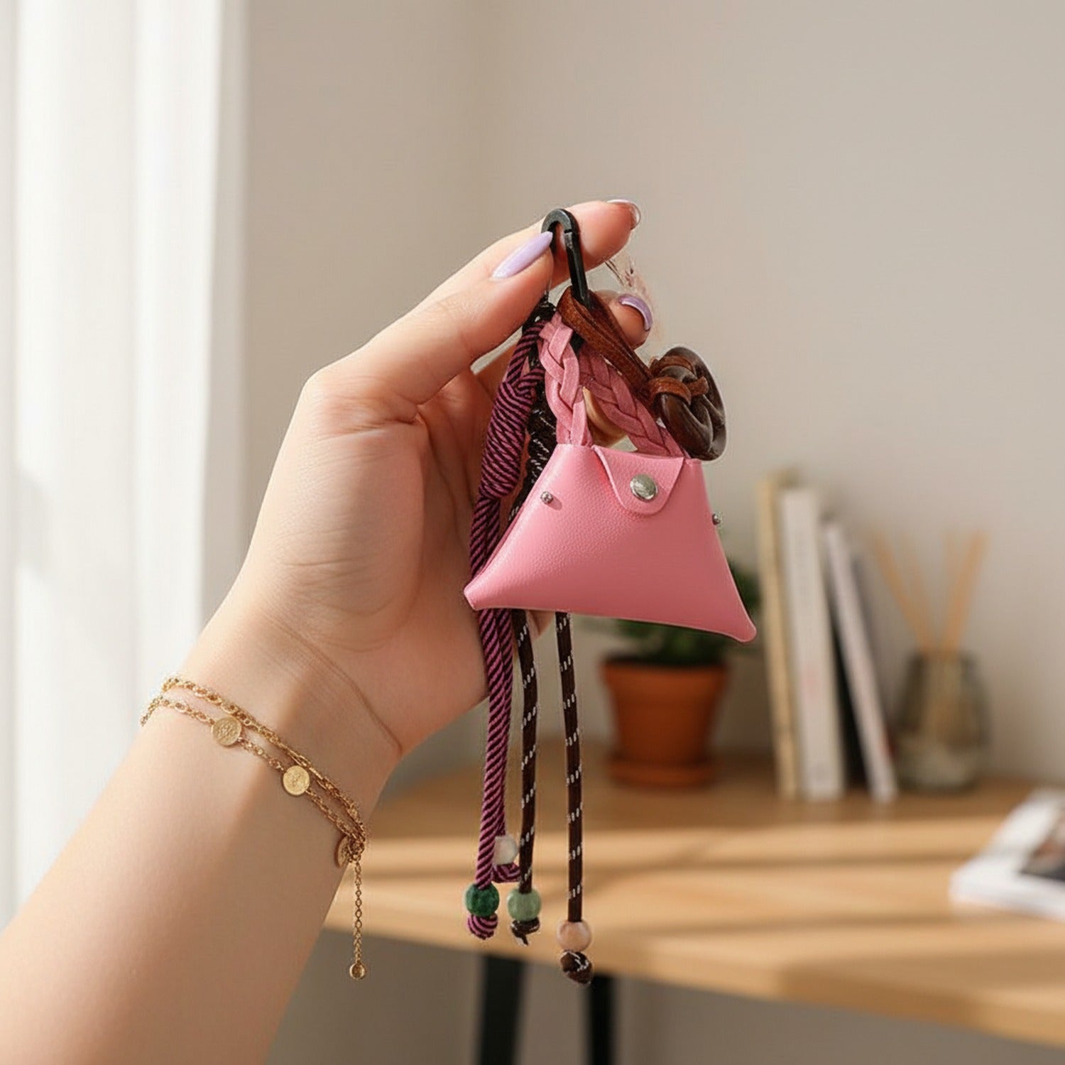 Pink Acrylic Keyring With Braided Rope Charm