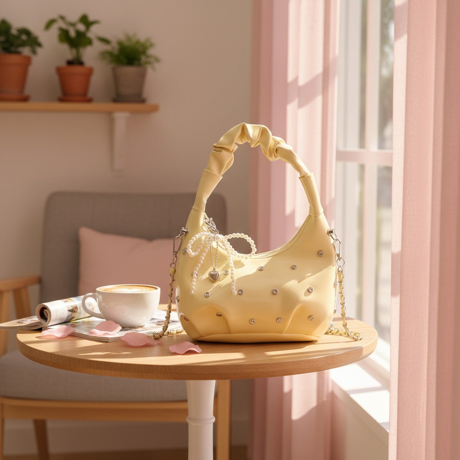 Cream Patent Hobo Bag With Pearl Drape Charms