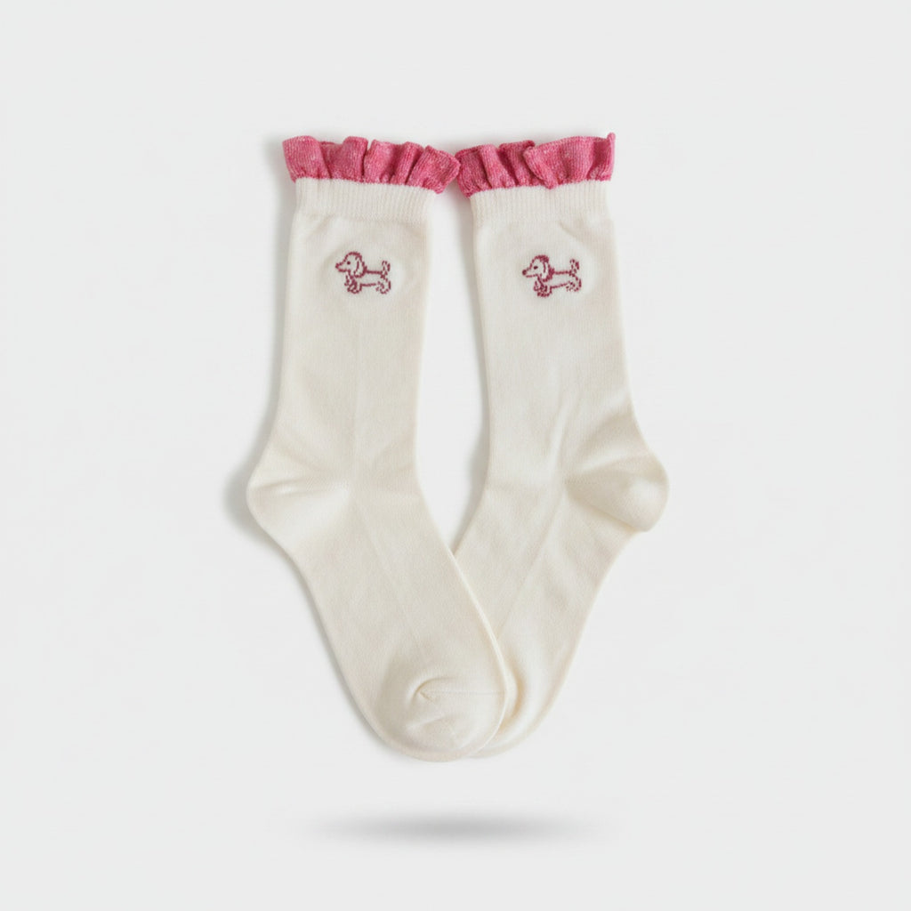 Cream Dachshund Embroidered Socks With Pink Ruffle Cuff