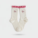 Cream Dachshund Embroidered Socks With Pink Ruffle Cuff