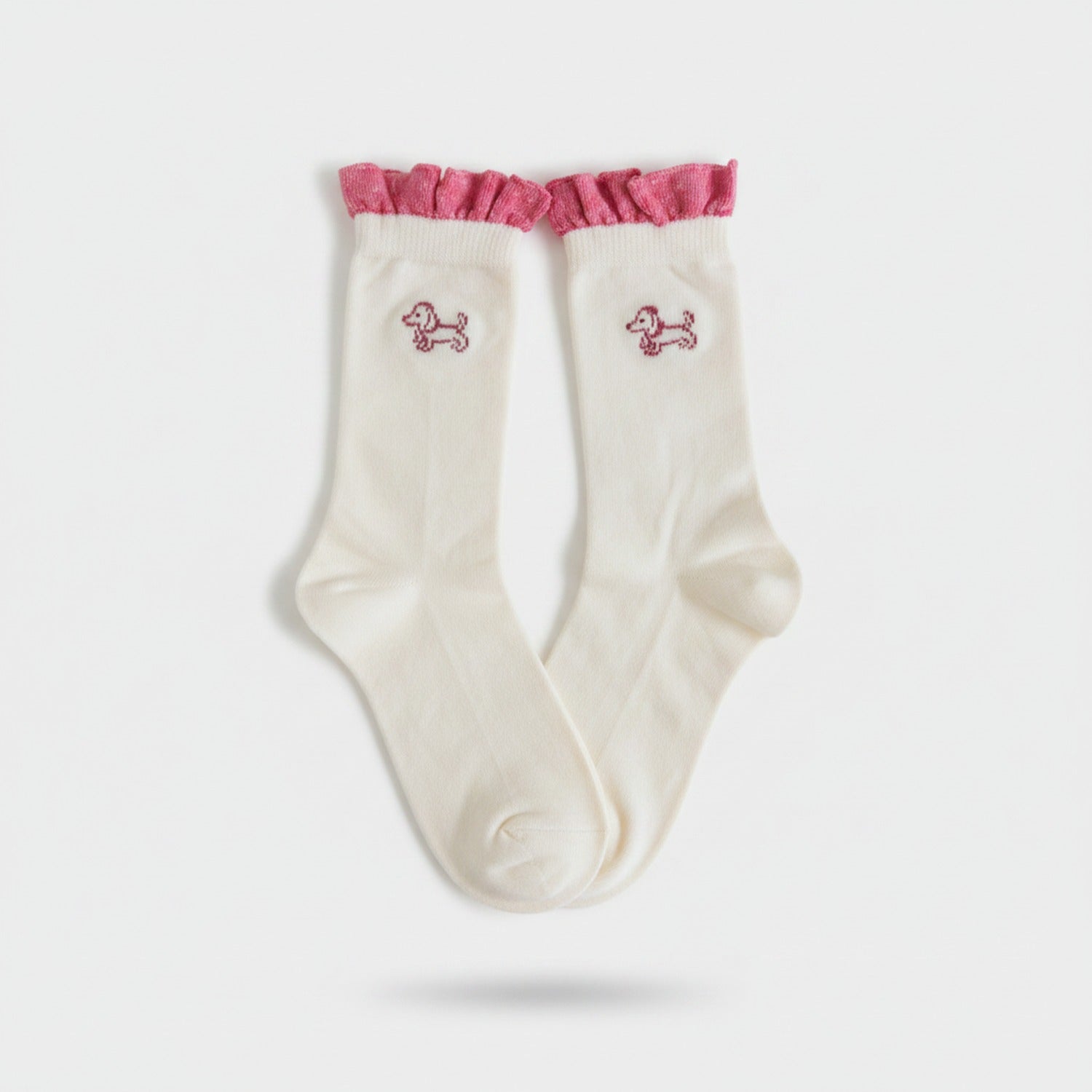 Cream Dachshund Embroidered Socks With Pink Ruffle Cuff