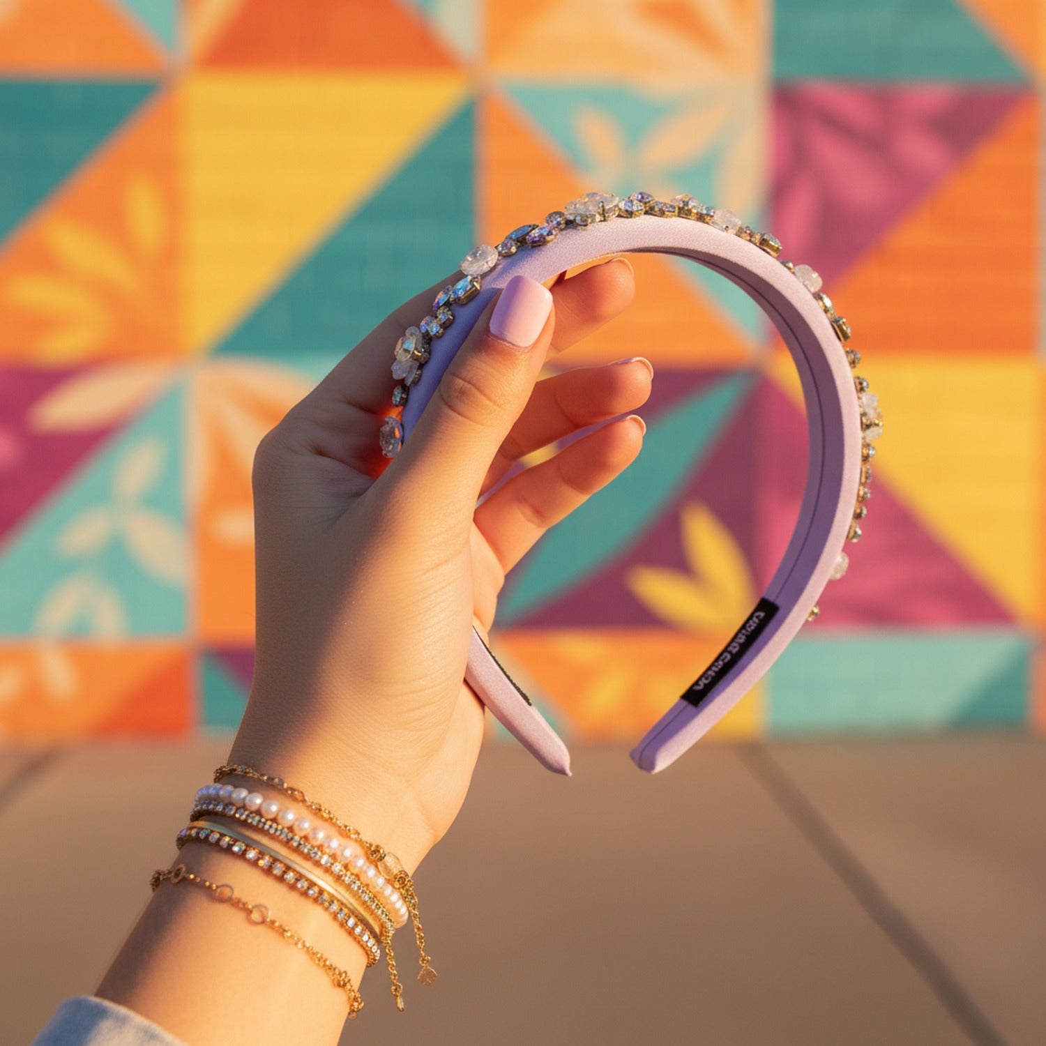 Pink Padded Headband With Rhinestone Flowers