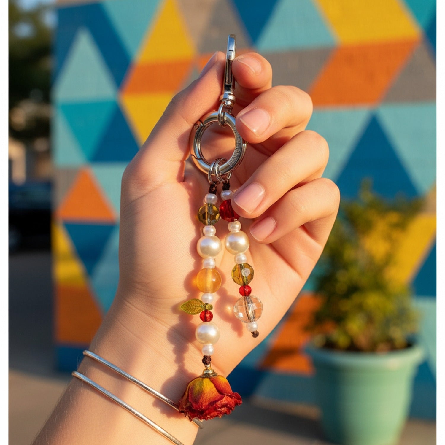 Beaded Pearl Flower Charm Acrylic Keyring