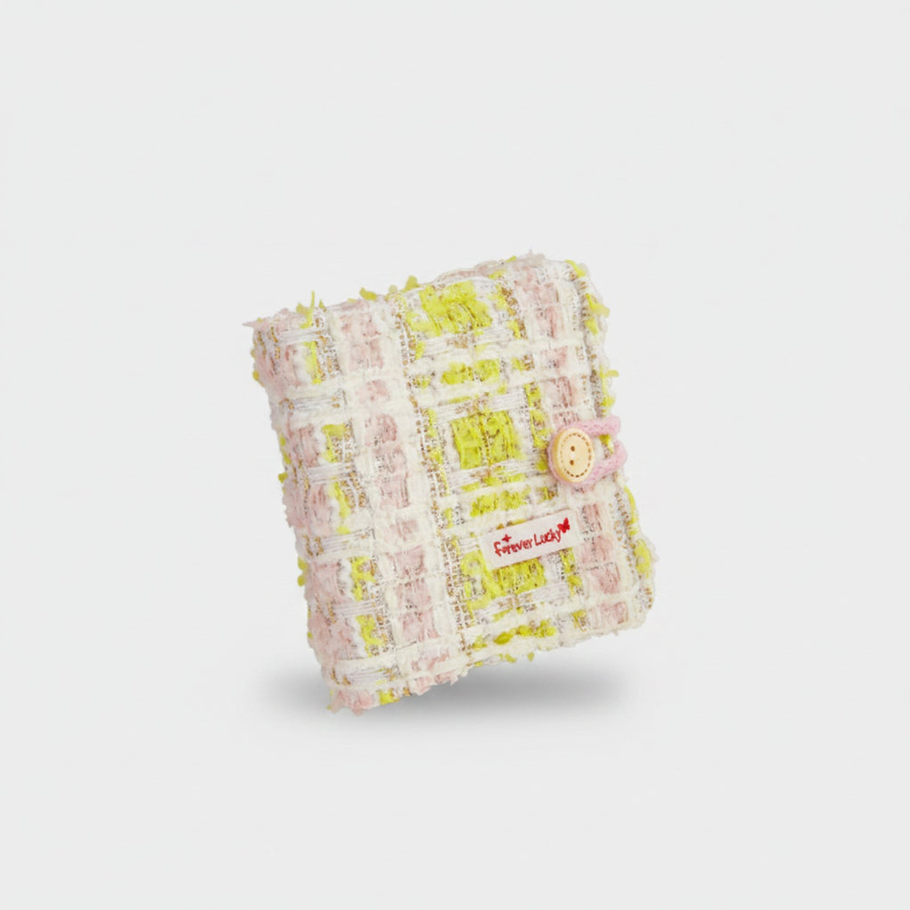 Pink & Yellow Tweed Quilted Square Notebook With Button Charm