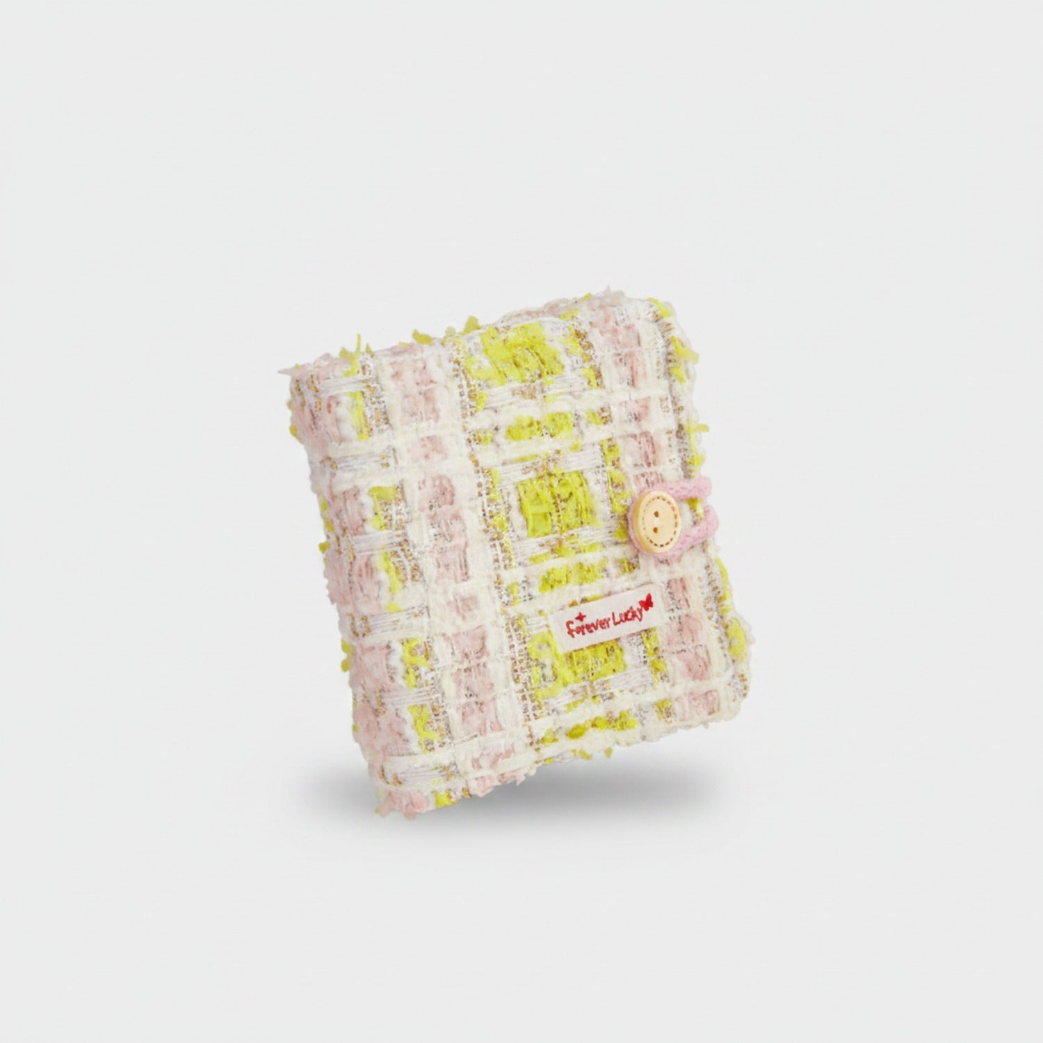Pink & Yellow Tweed Quilted Square Notebook With Button Charm