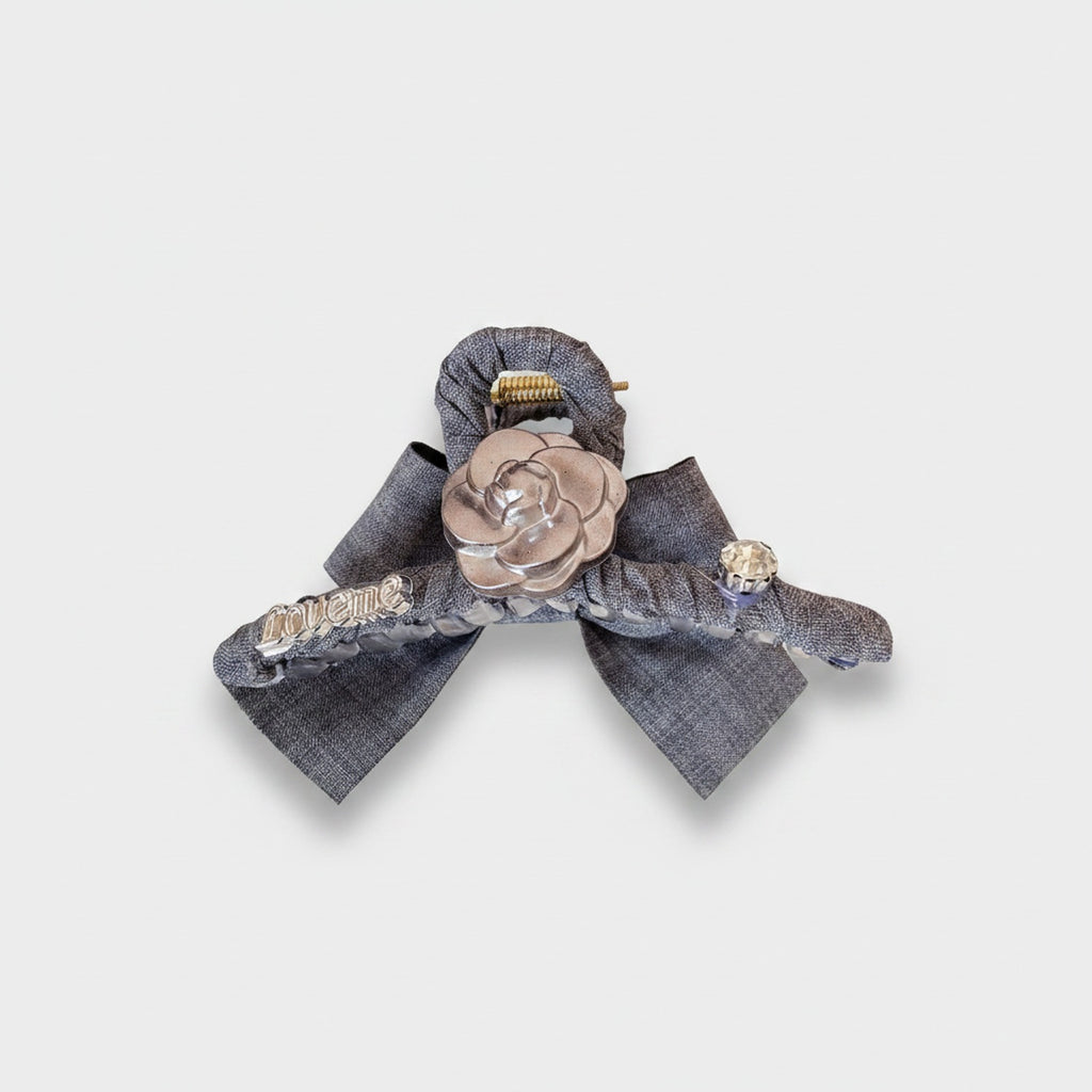 Gray Linen Hair Claw With Rose Charm