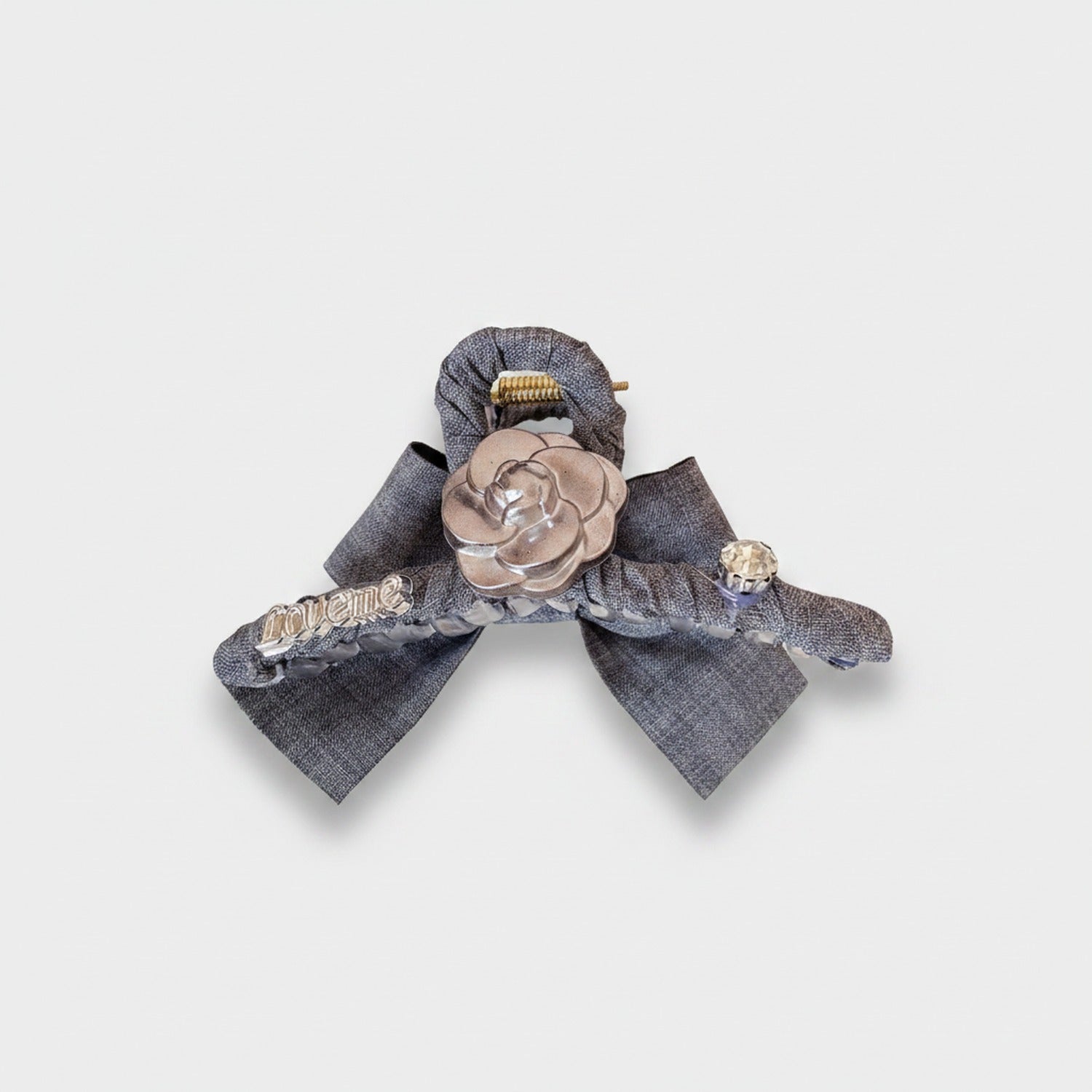Gray Linen Hair Claw With Rose Charm