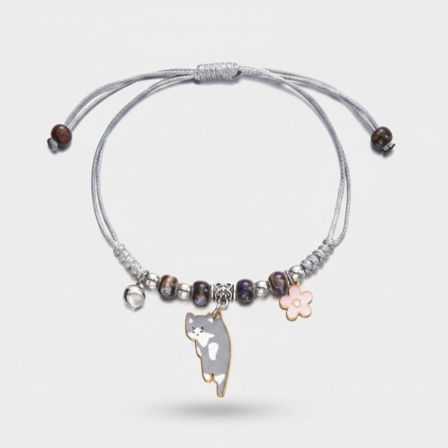 Pink Beaded Cat Charm Bracelet with Flower