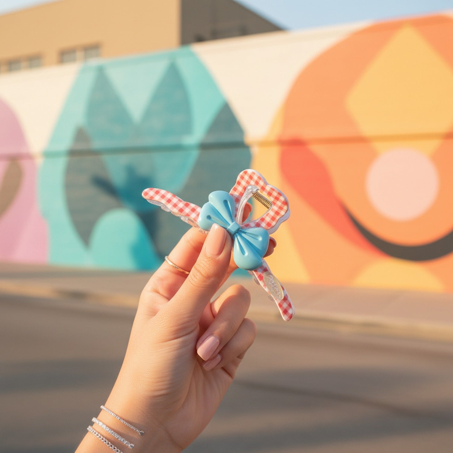 Red Gingham Heart Claw With Turquoise Bow
