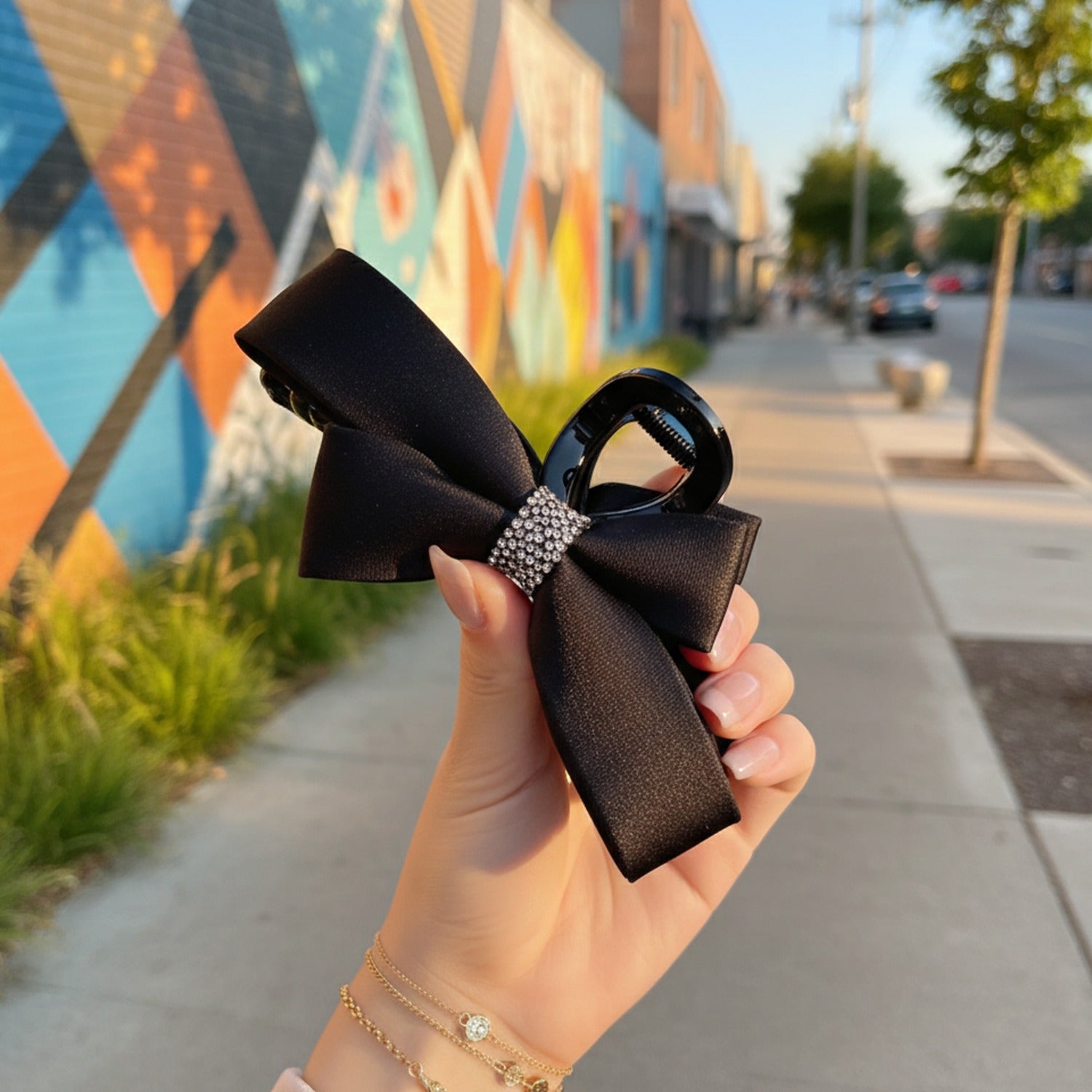 Black Satin Bow Hair Claw with Rhinestones
