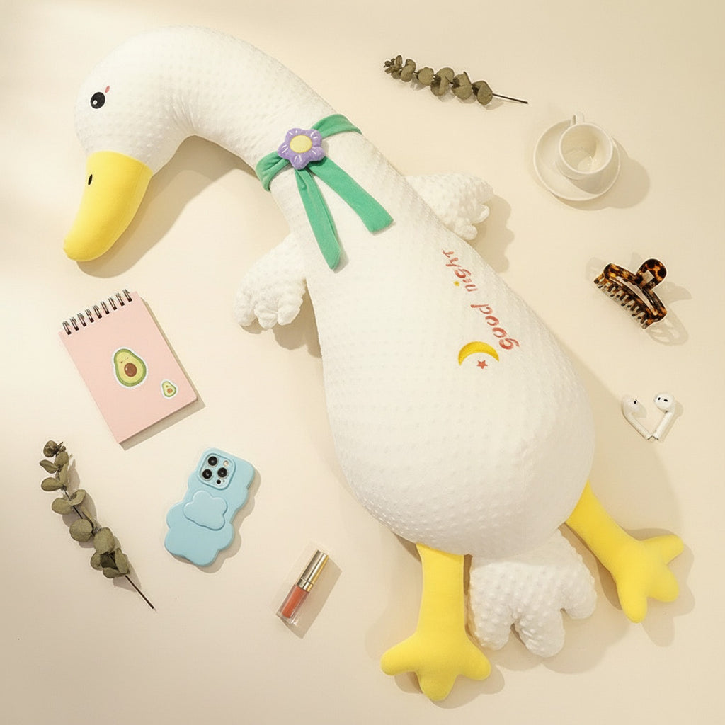 Cream Duck Plush Toy With Flower Ribbon