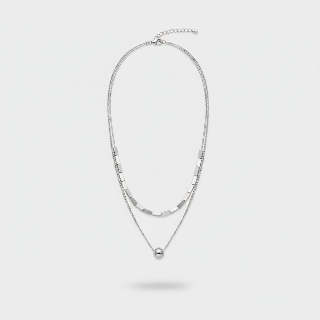 Silver Layered Chain Necklace With Sphere Pendant