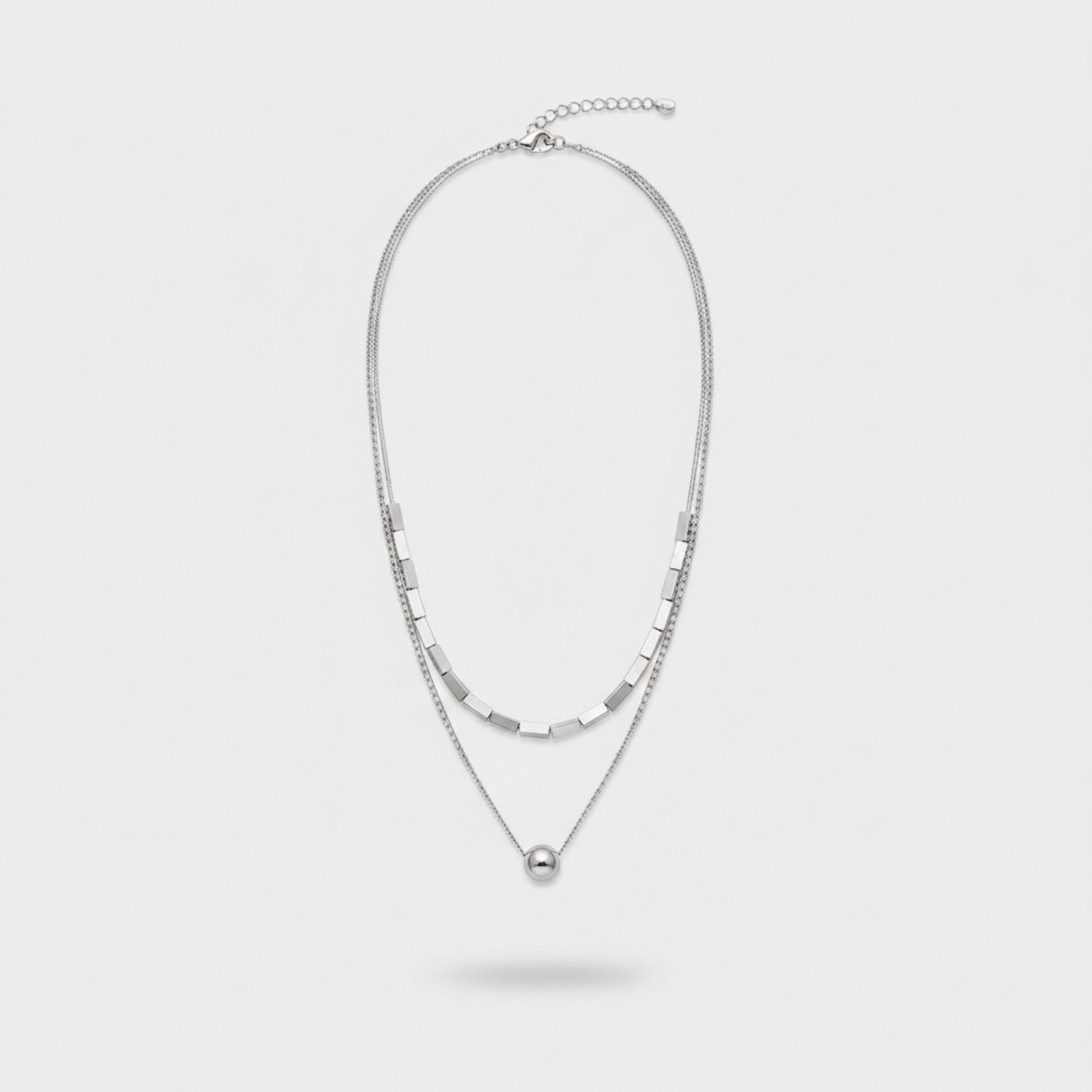 Silver Layered Chain Necklace With Sphere Pendant