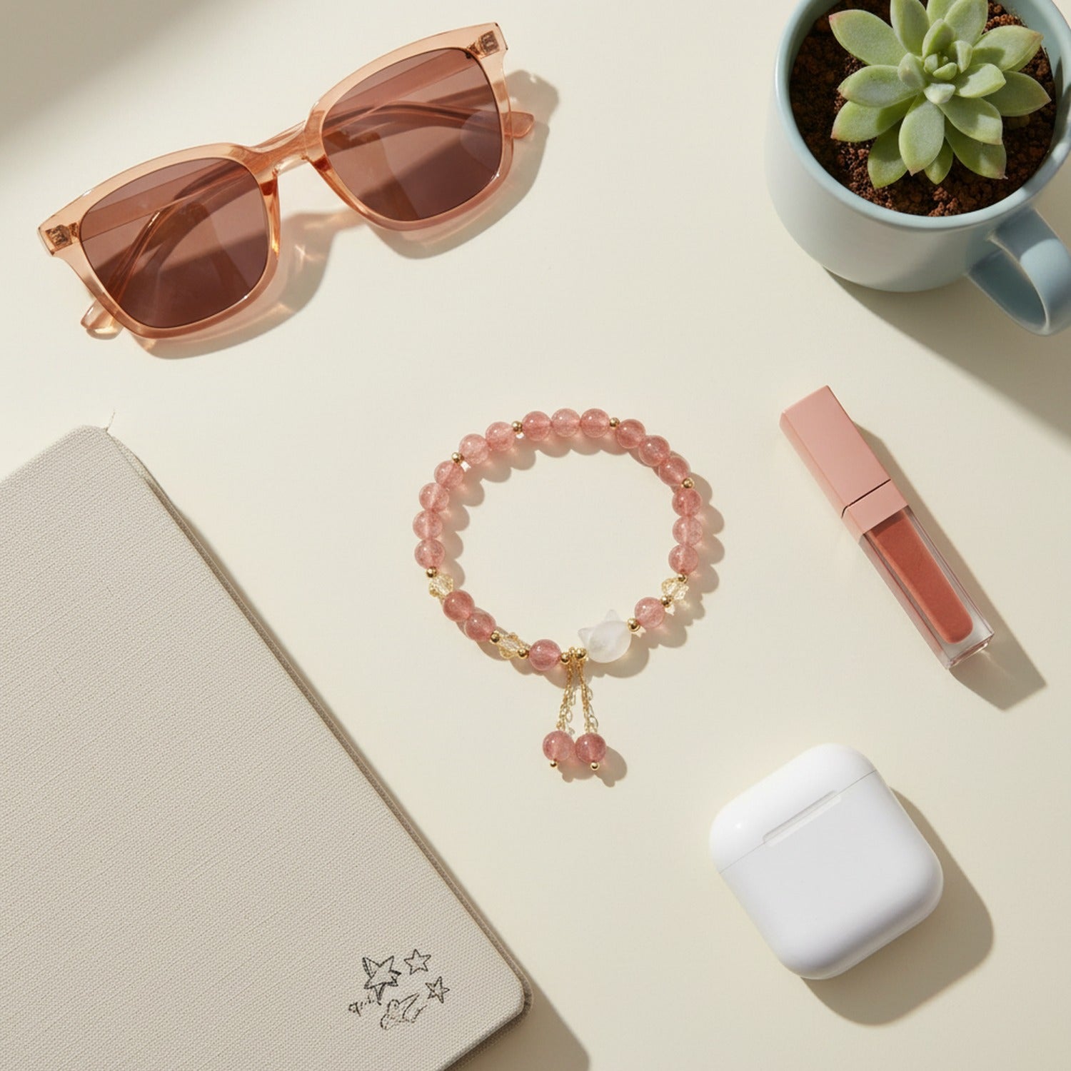 Rose Quartz Beaded Bracelet With Charm Drops