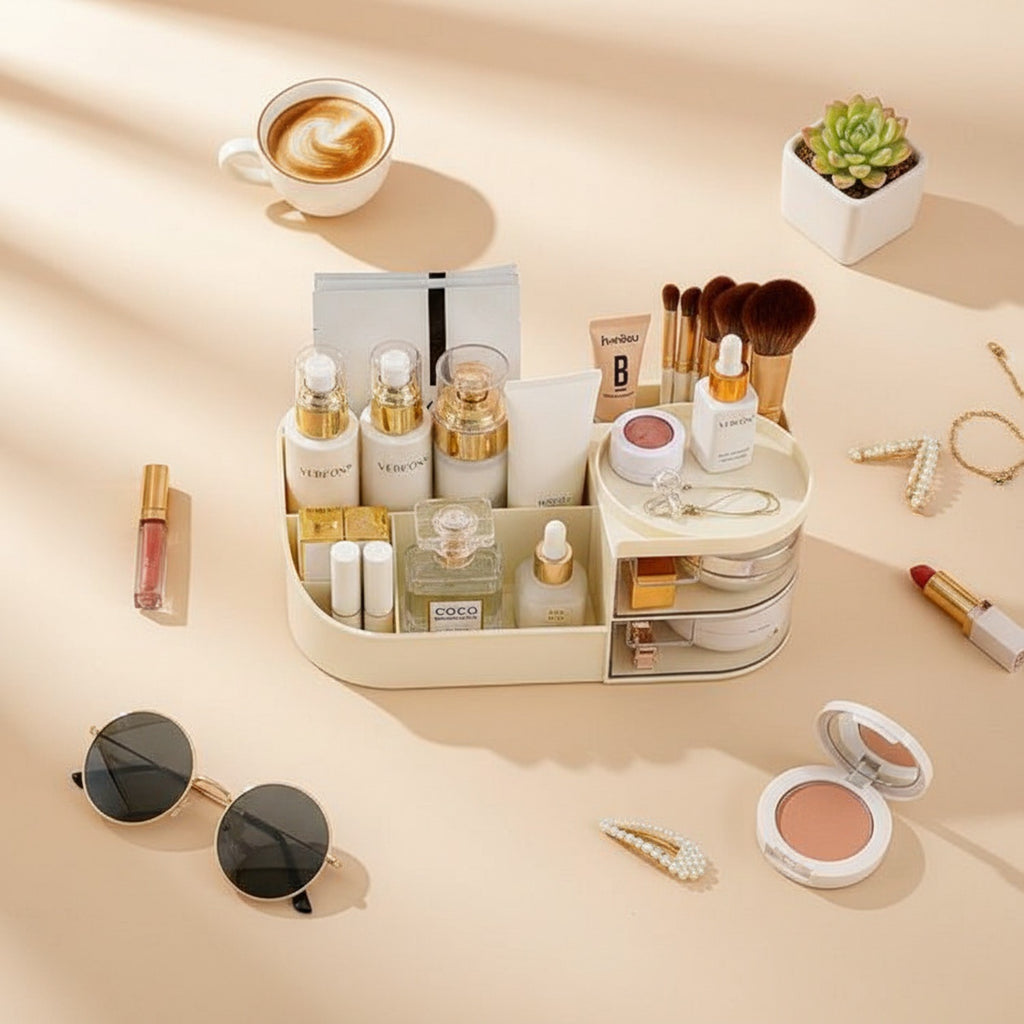 Cream Rotating Cosmetic Organizer With Mirror And Brush Holder