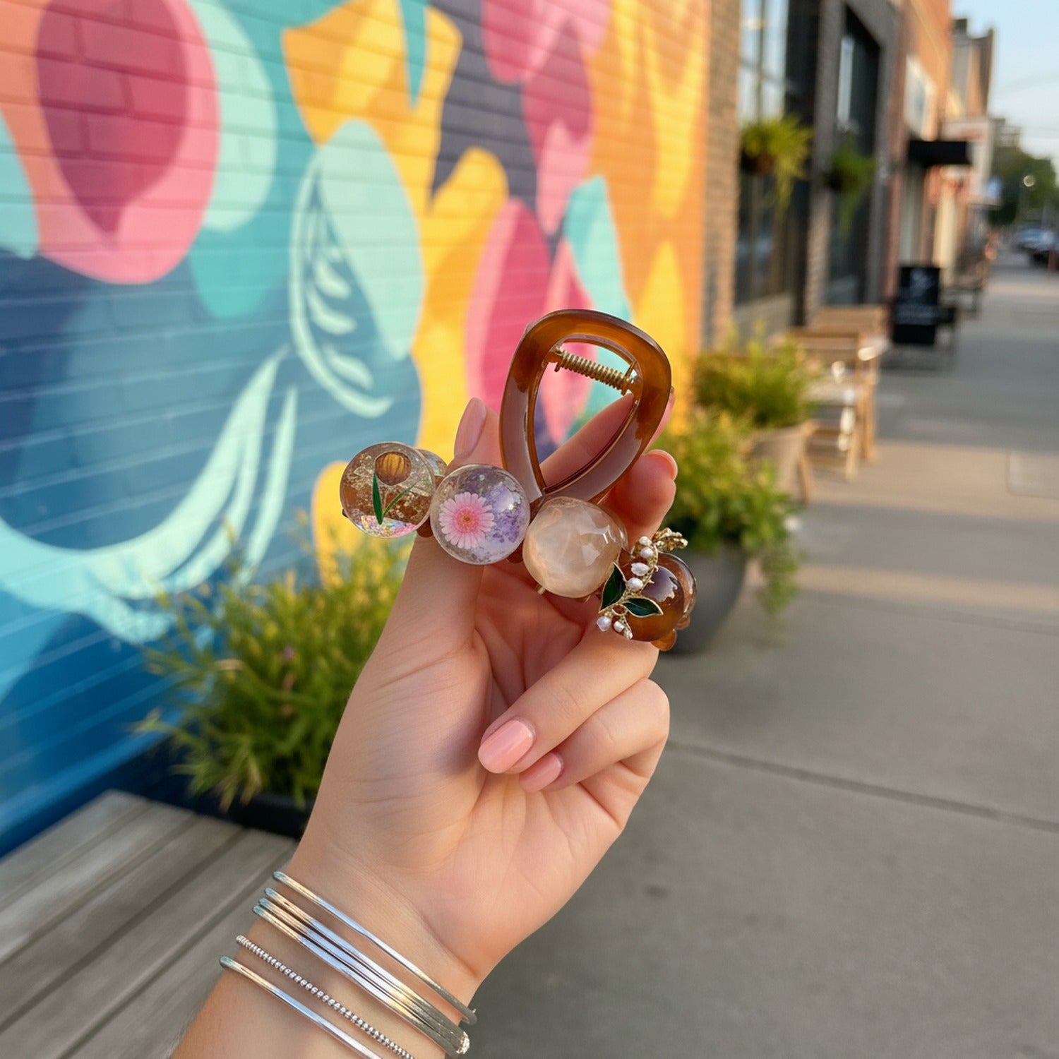 Amber Hair Claw With Floral Resin Spheres