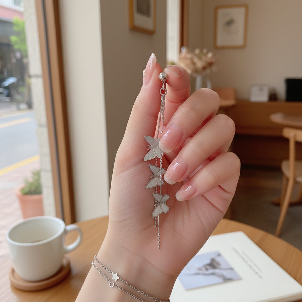 Silver Butterfly Chain Drop Earrings