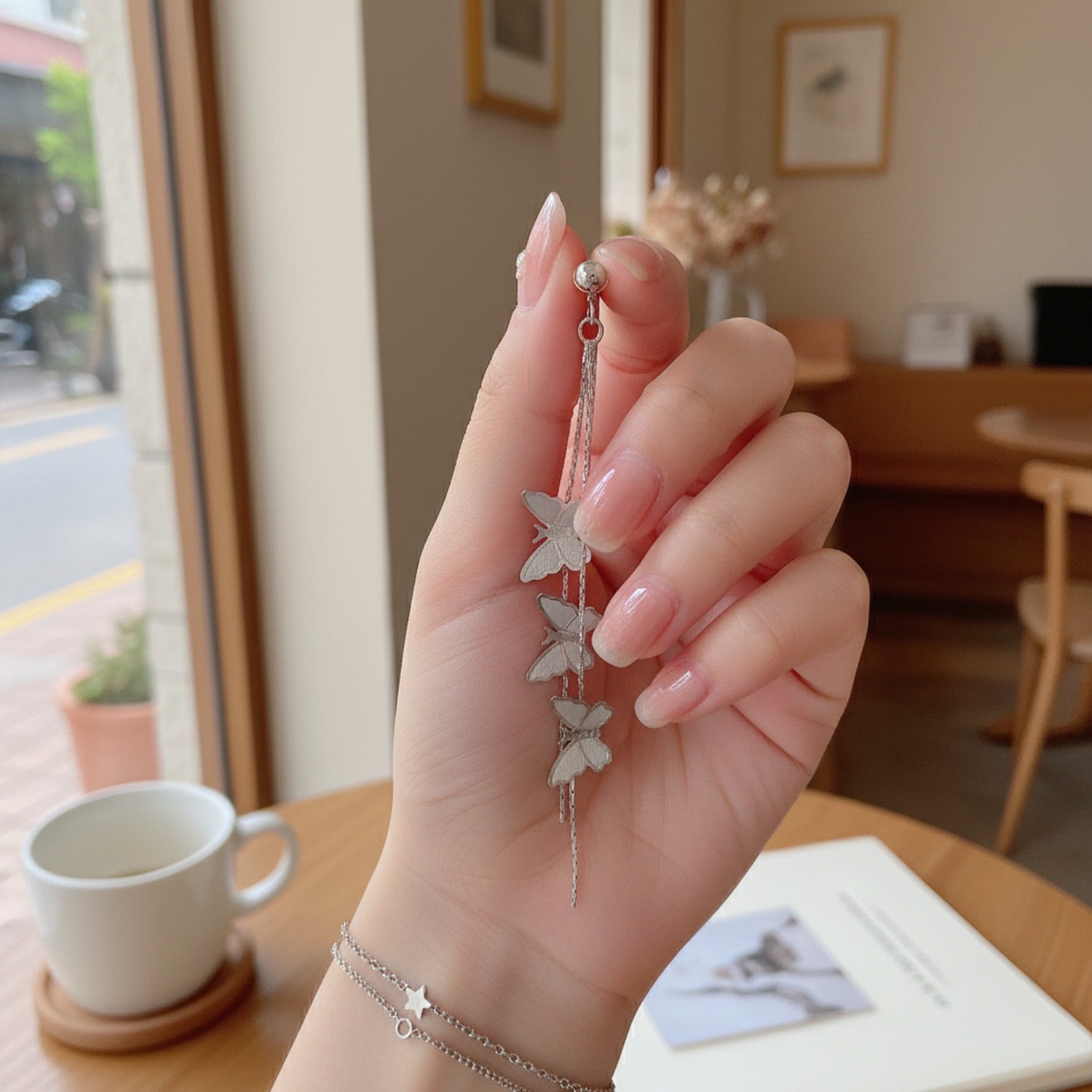 Silver Butterfly Chain Drop Earrings