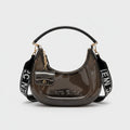 Glossy Black Hobo Handbag With Striped Strap