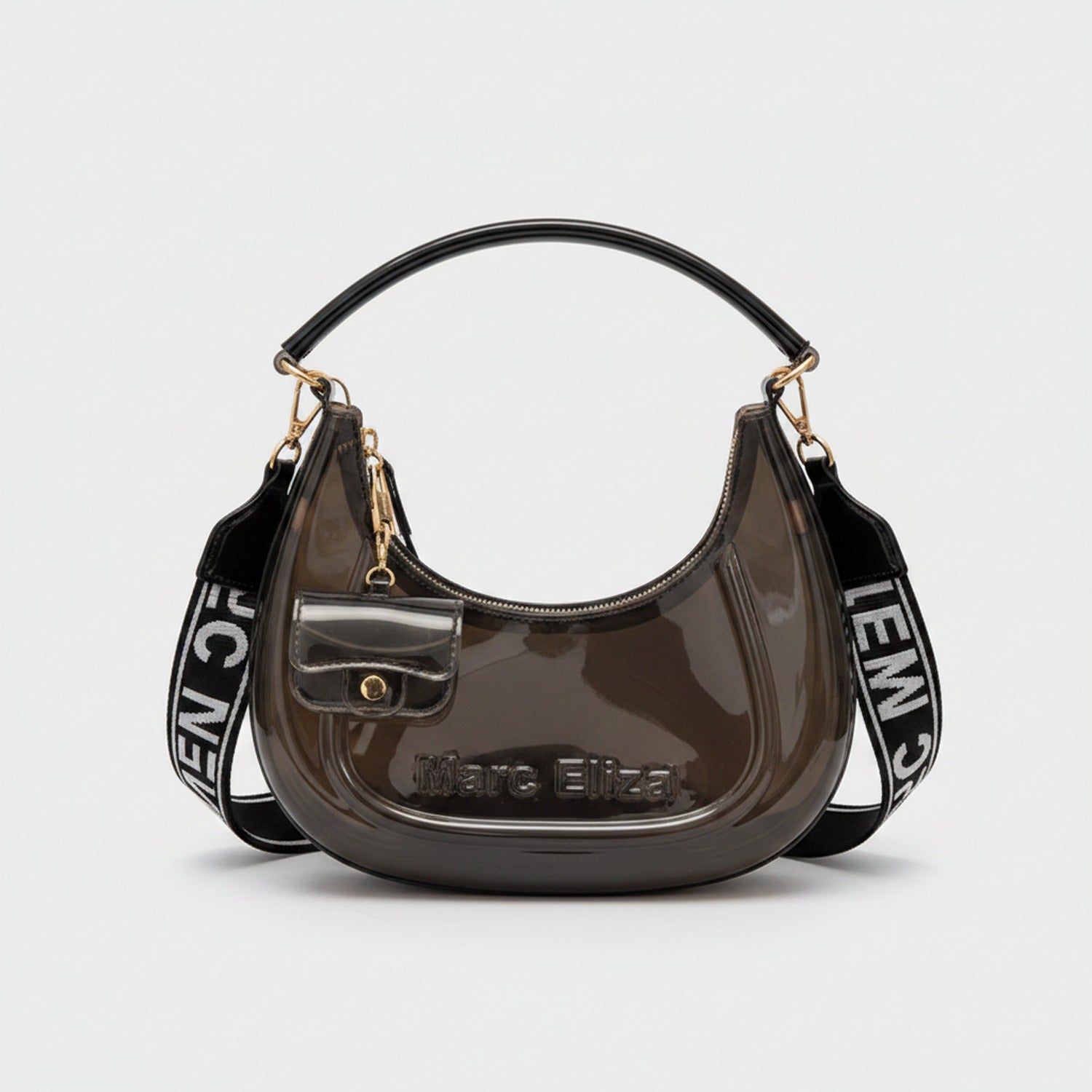 Glossy Black Hobo Handbag With Striped Strap