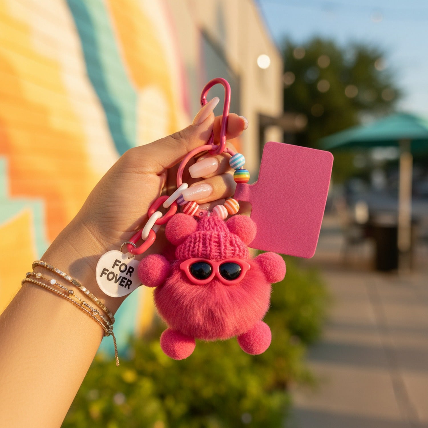 Pink Furry Monster Acrylic Keyring With Mirror Charm