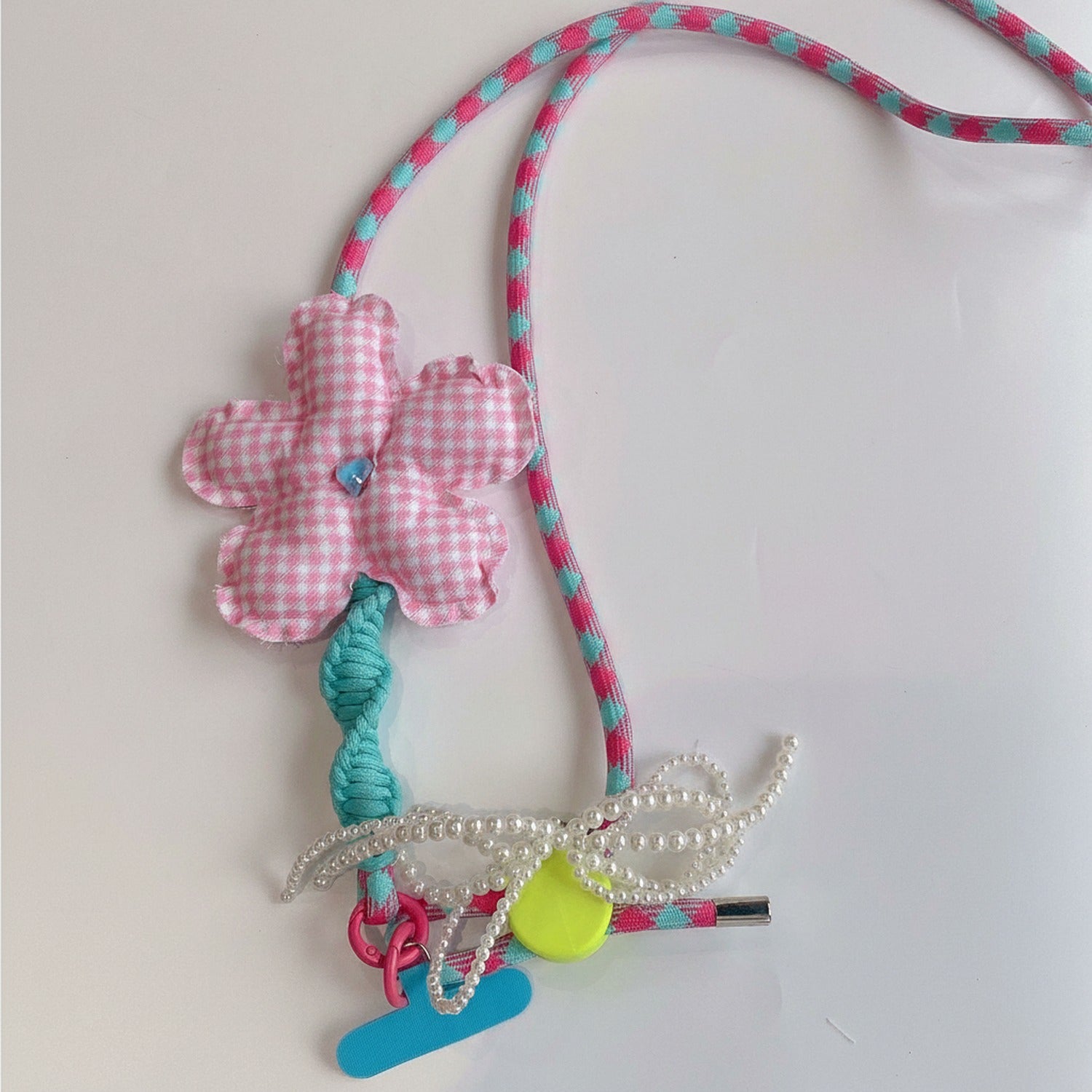 Blue Gingham Flower Phone Charm Strap