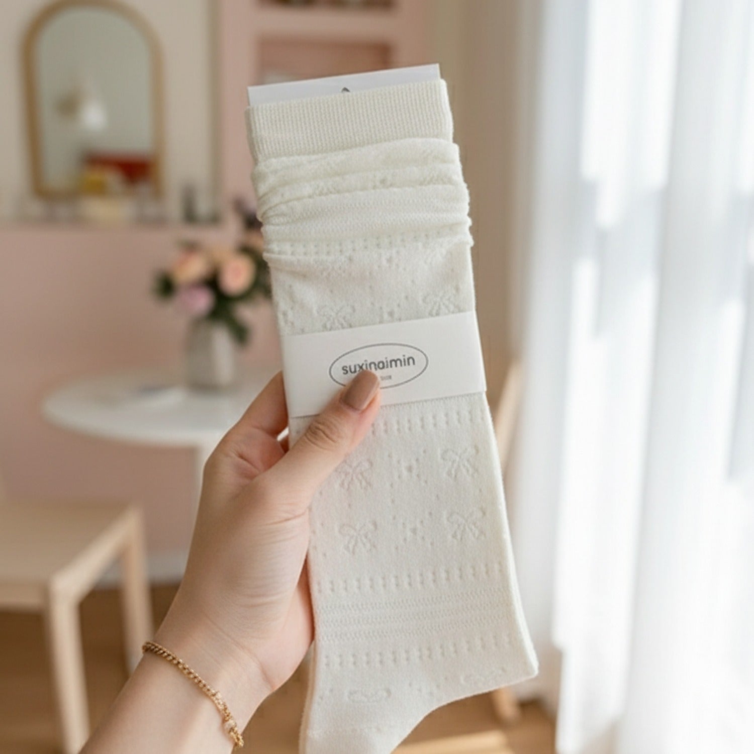 Cream Ruched Crew Socks with Textured Knit Detail