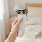 White Ribbed Crew Socks With Plaid Ruffle Cuff