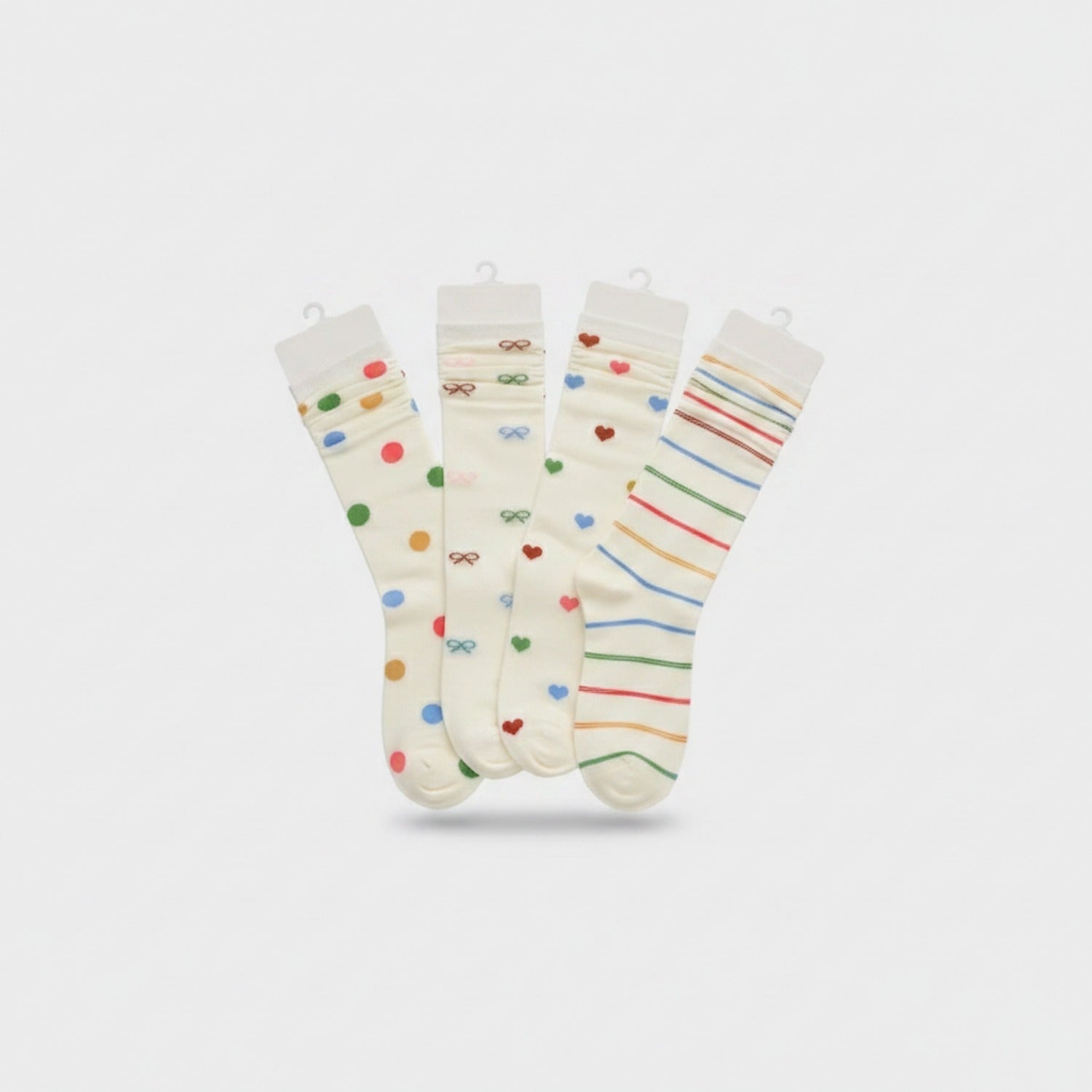 Cream Socks With Hearts Bows and Stripes 5-Pack