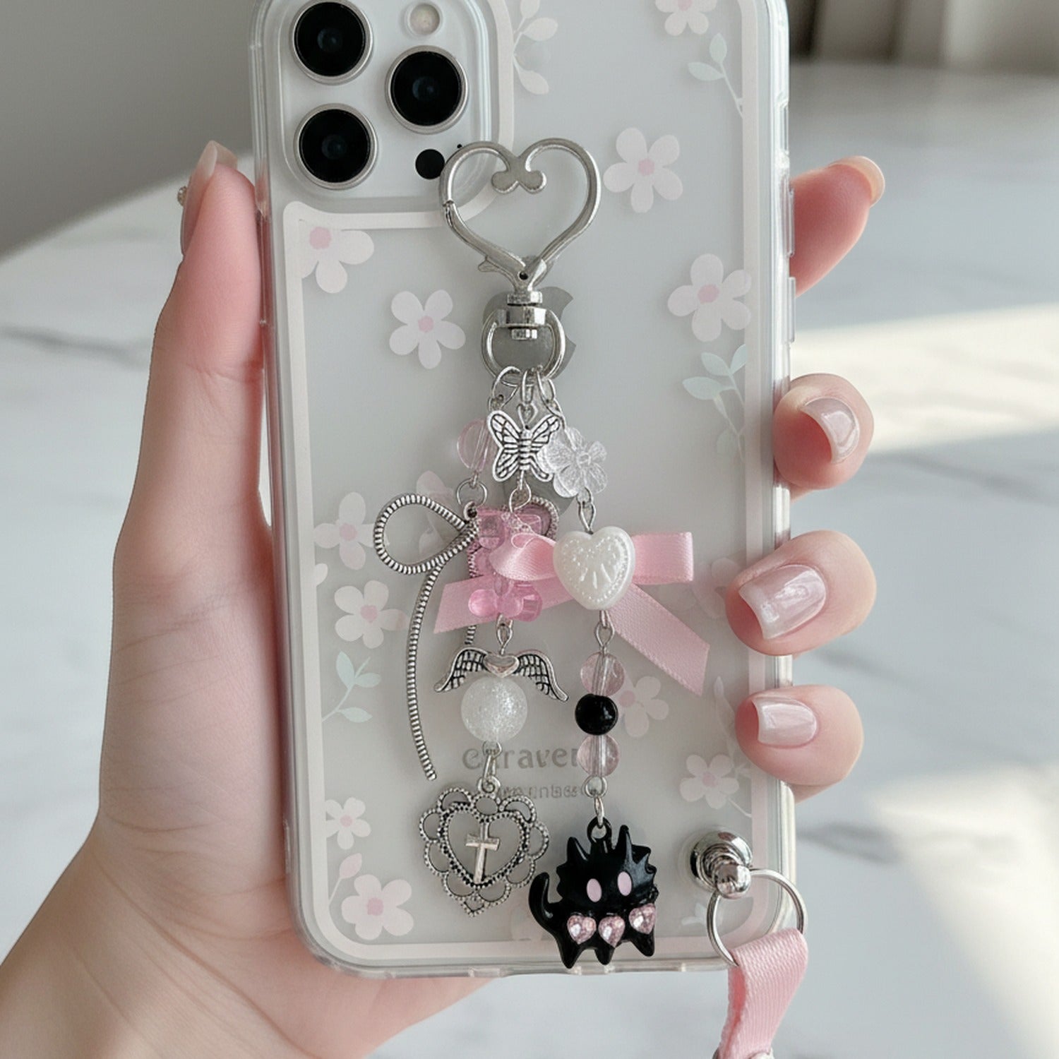 Pink Heart Charm Acrylic Keyring With Butterfly And Cross