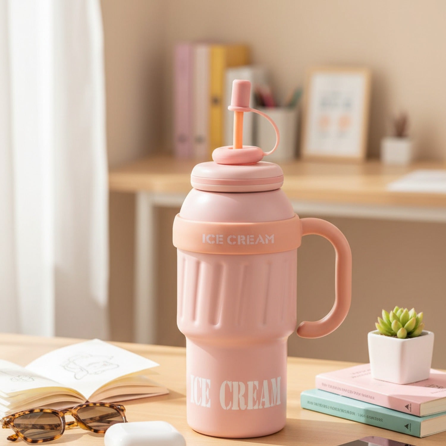 Pink Ice Cream Tumbler With Straw Handle