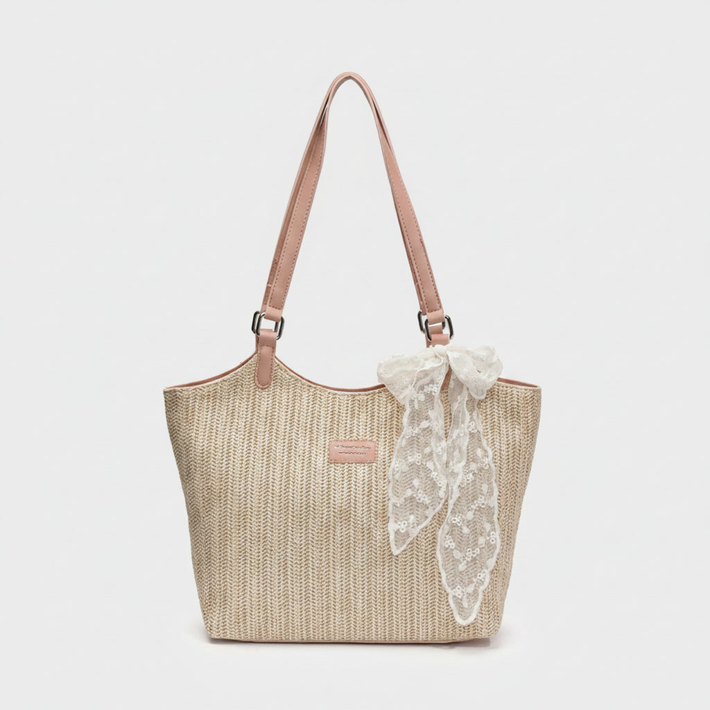 Cream Woven Tote Bag With Lace Scarf