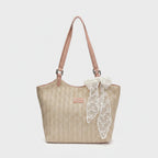 Cream Woven Tote Bag With Lace Scarf