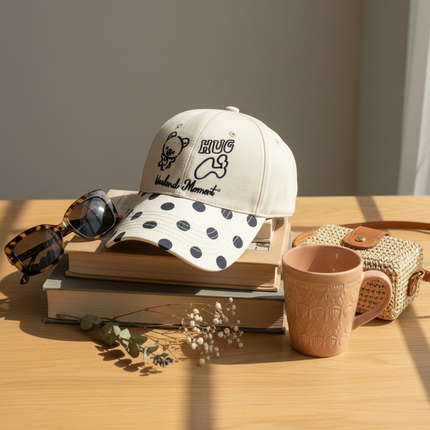 Cream Bear Hug Polka Dot Baseball Cap