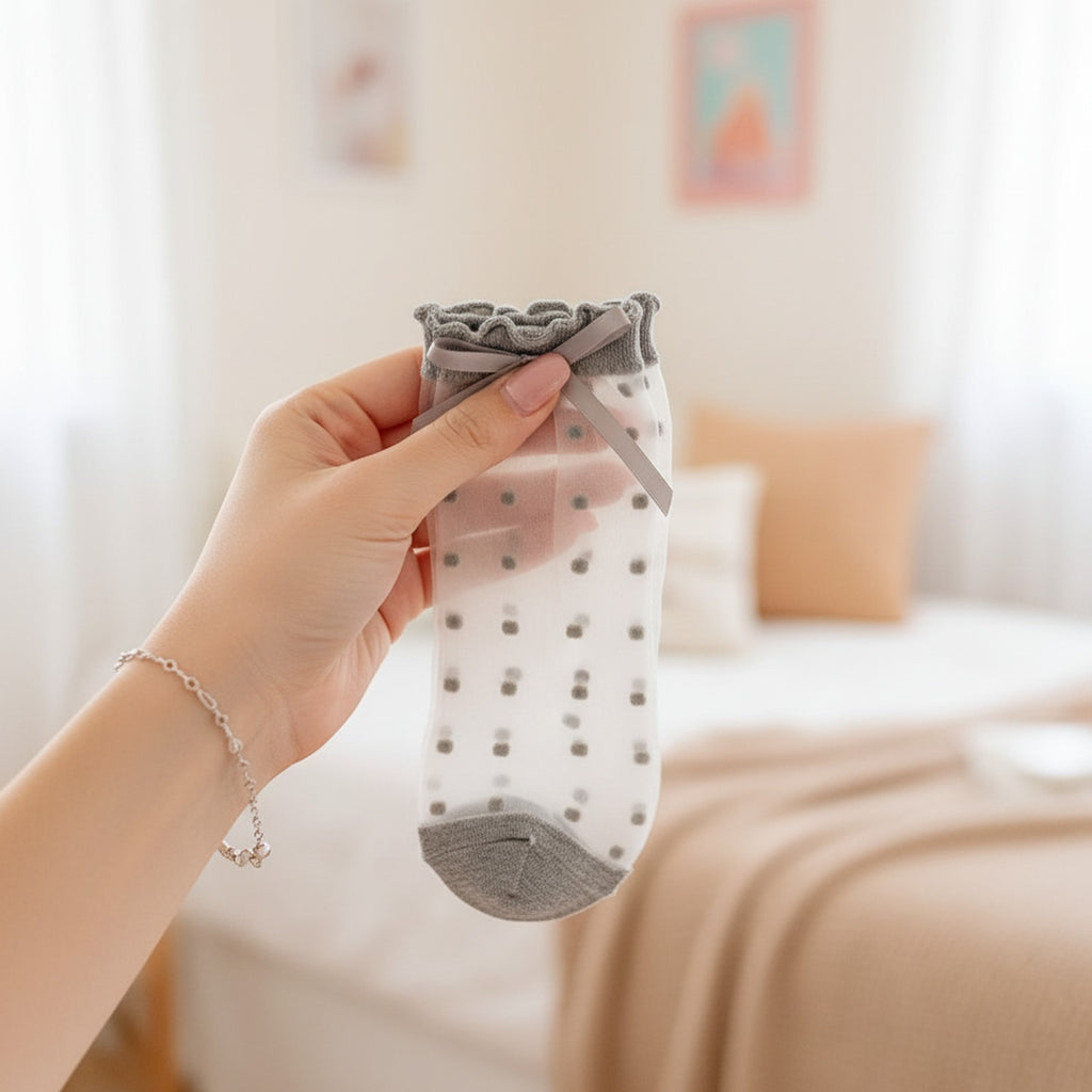 Sheer Black Polka Dot Crew Socks with Ruffle