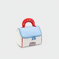 Blue And Cream Quilted Cosmetic Bag With Red Handle