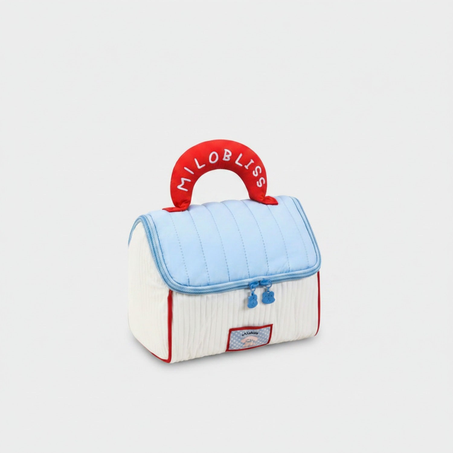 Blue And Cream Quilted Cosmetic Bag With Red Handle