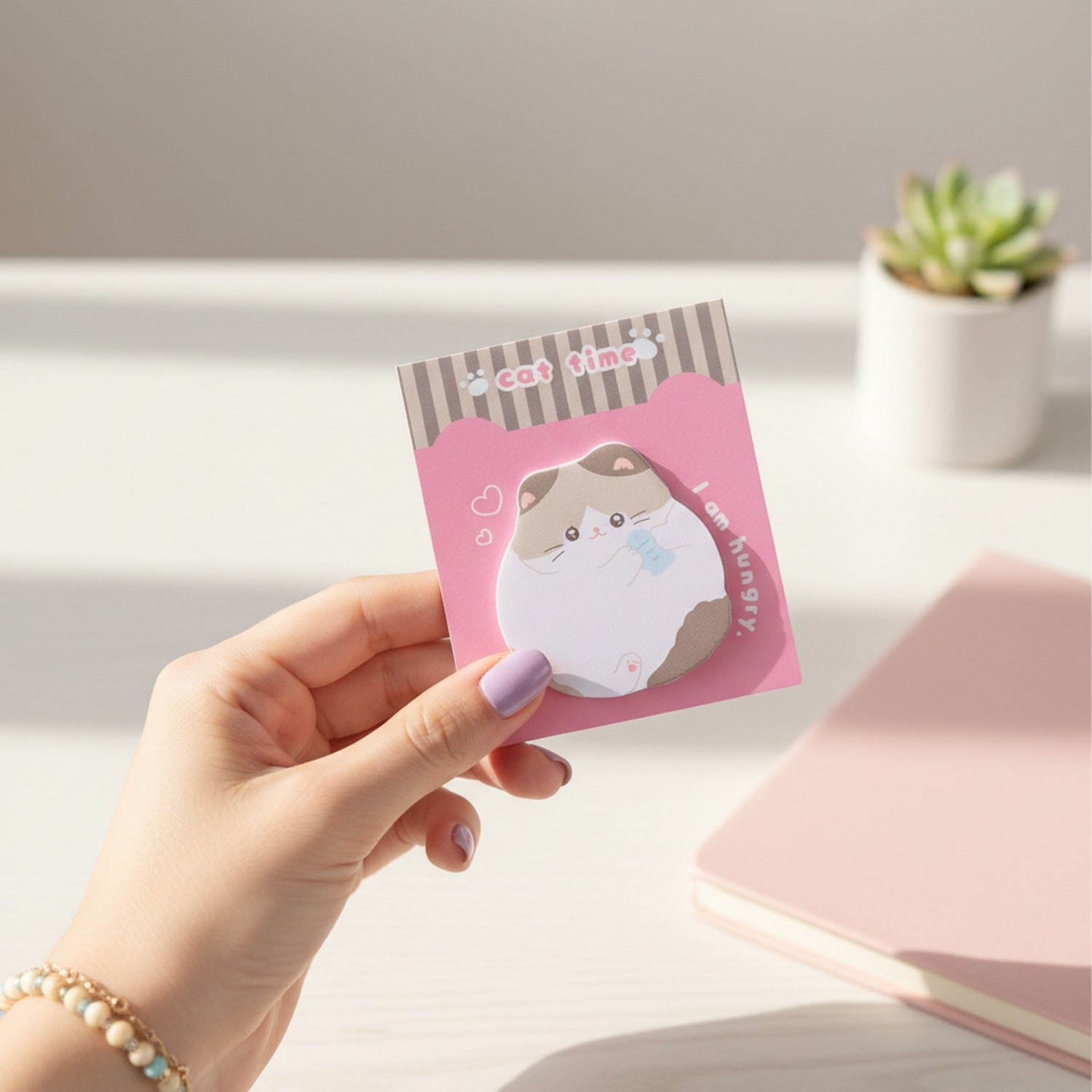 Cute Cat Sticky Notes Pad Pink Heart Design