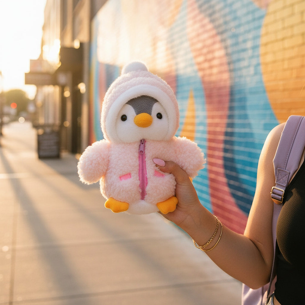 Adorable Pink Penguin Plush Toy With Zipper Jacket
